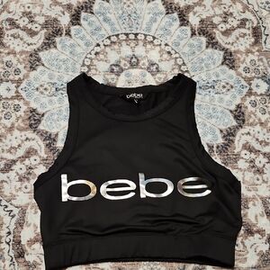 bebe Black Sports Crop Top with Iridescent Logo